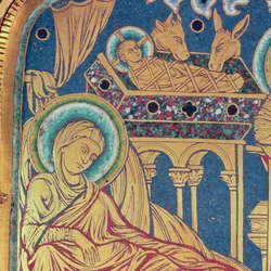 La Natividad, panel del Altar de Verdun, 1181 (esmalte champlevé)